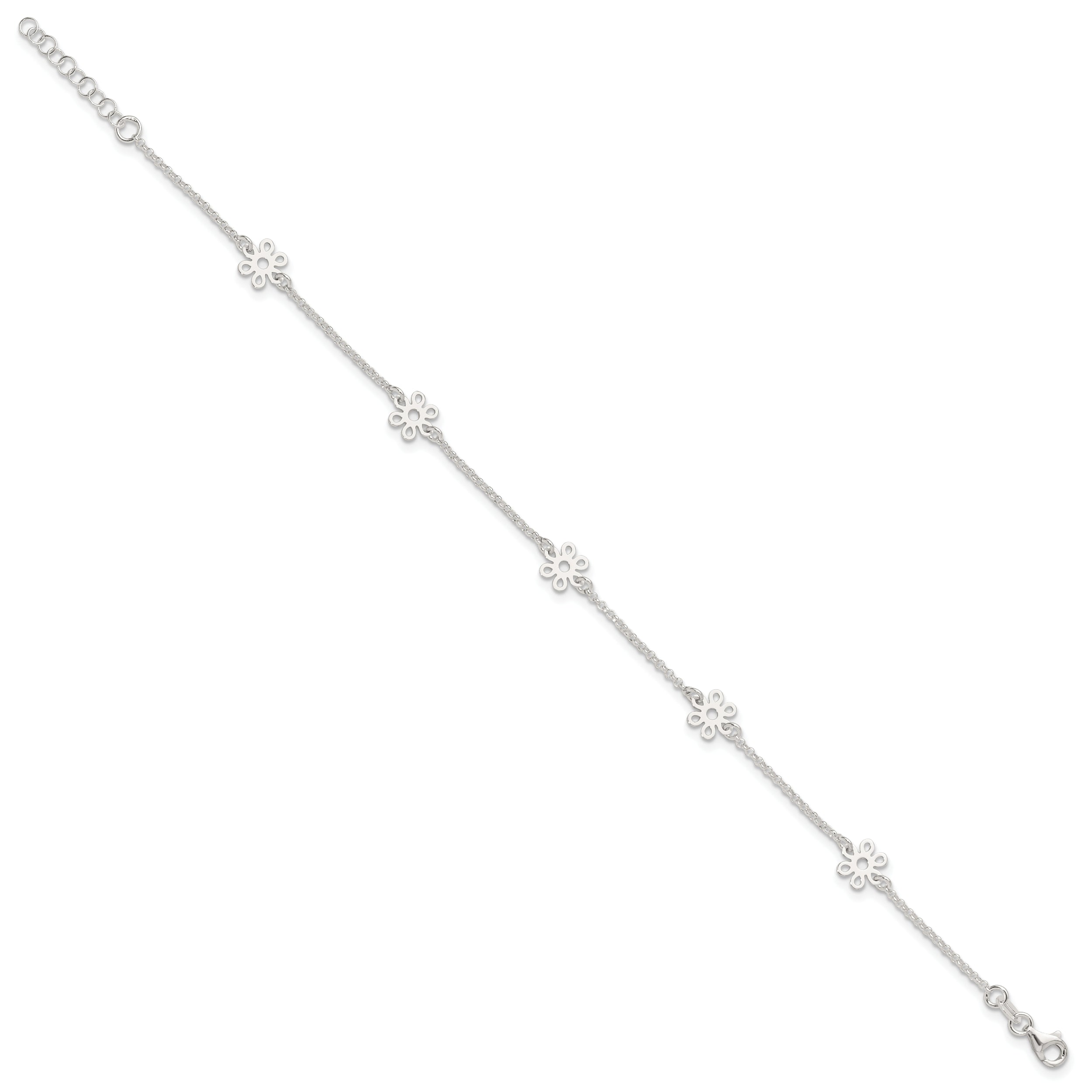 Sterling Silver Polished Flower 9In Plus 1In Ext. Anklet