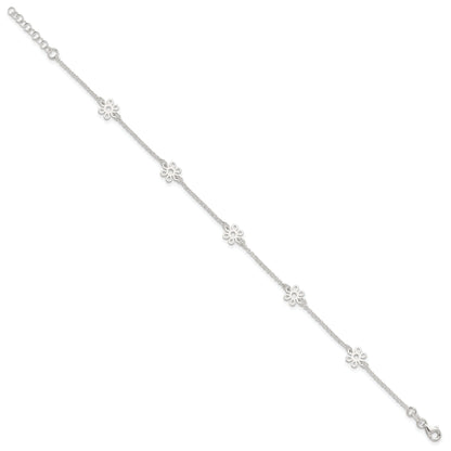 Sterling Silver Polished Flower 9In Plus 1In Ext. Anklet