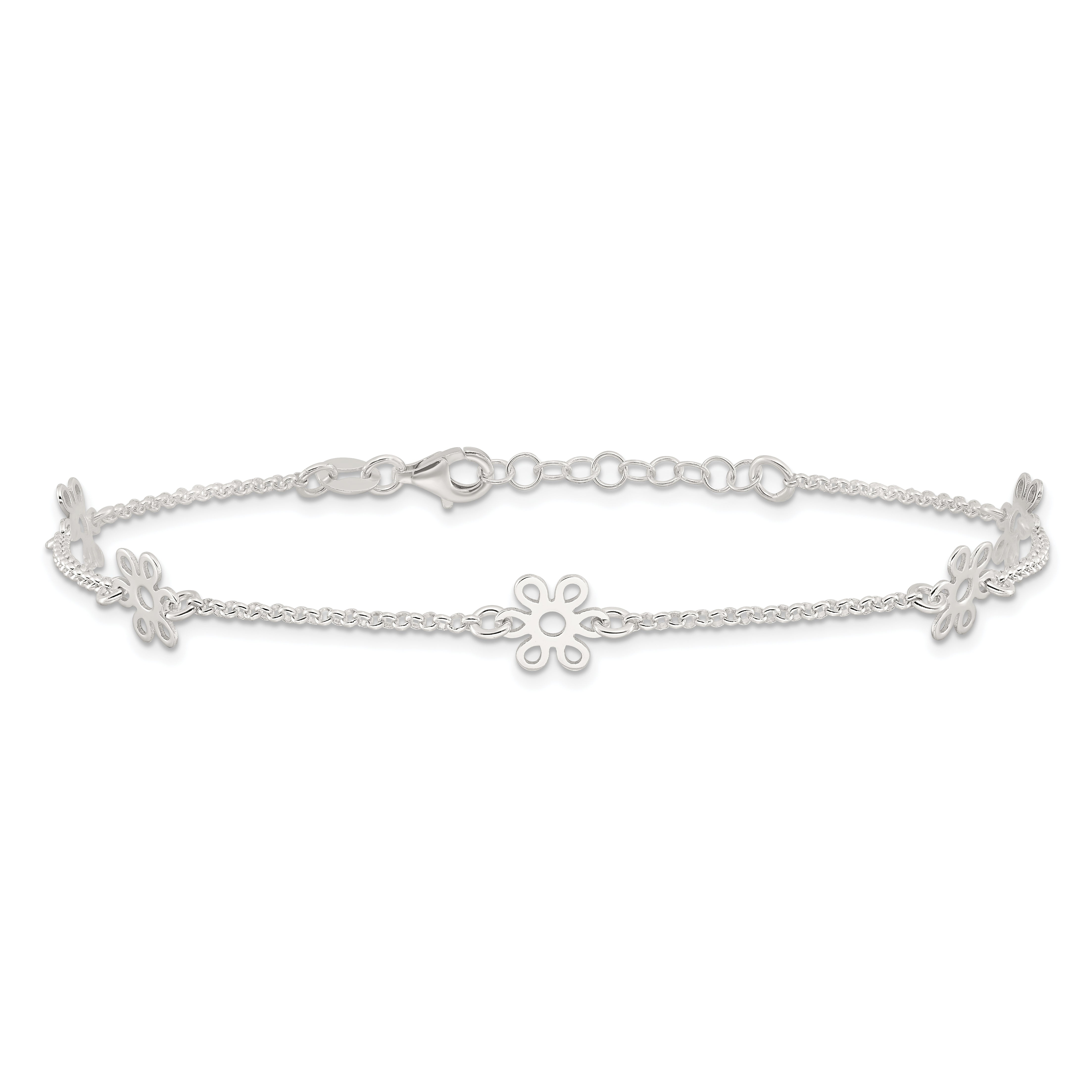Sterling Silver Polished Flower 9In Plus 1In Ext. Anklet