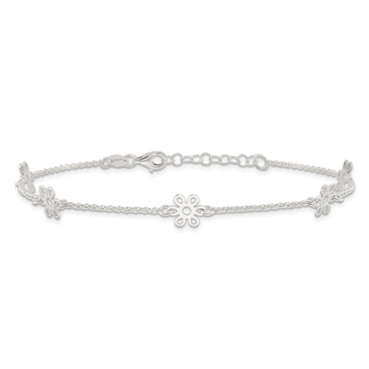Sterling Silver Polished Flower 9In Plus 1In Ext. Anklet