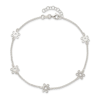 Sterling Silver Polished Flower 9In Plus 1In Ext. Anklet
