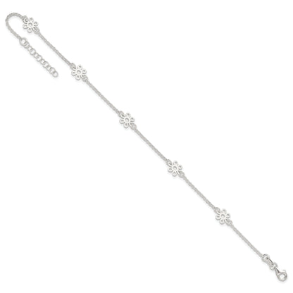 Sterling Silver Polished Flower 9In Plus 1In Ext. Anklet