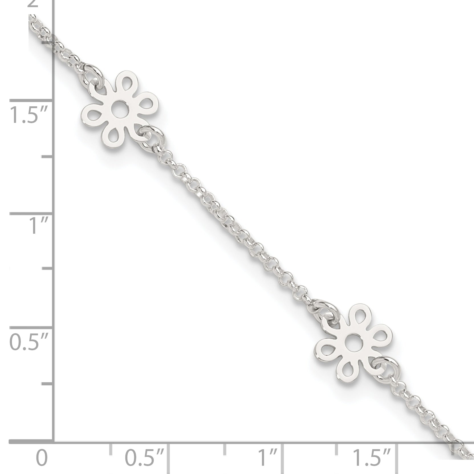 Sterling Silver Polished Flower 9In Plus 1In Ext. Anklet