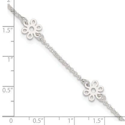 Sterling Silver Polished Flower 9In Plus 1In Ext. Anklet