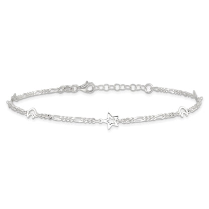 Sterling Silver Polished Moon And Star 9In Plus 1In Ext. Anklet