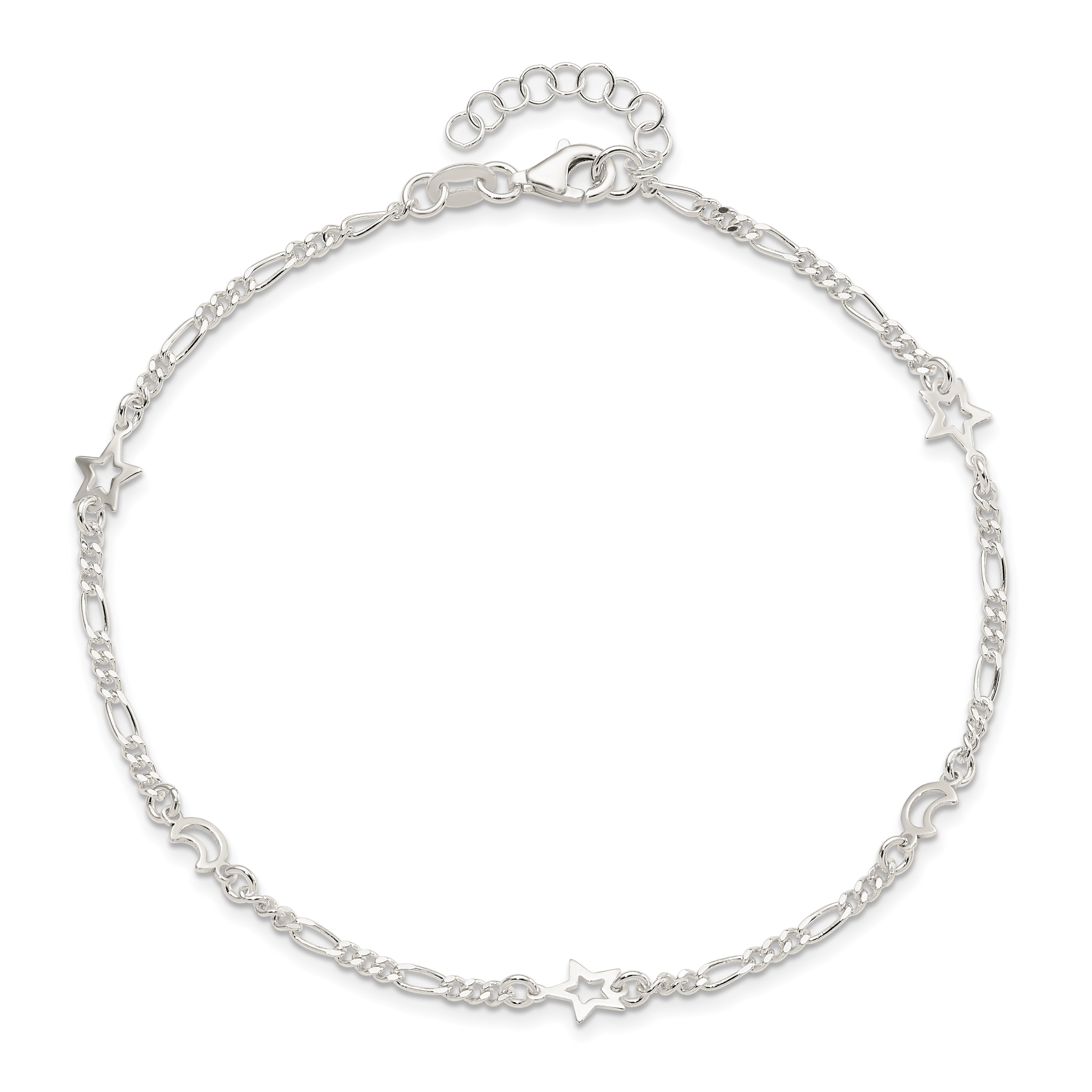 Sterling Silver Polished Moon And Star 9In Plus 1In Ext. Anklet