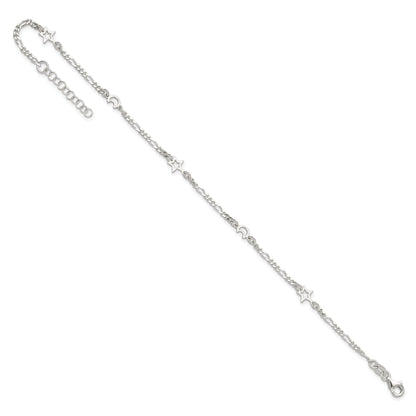 Sterling Silver Polished Moon And Star 9In Plus 1In Ext. Anklet