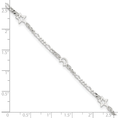 Sterling Silver Polished Moon And Star 9In Plus 1In Ext. Anklet