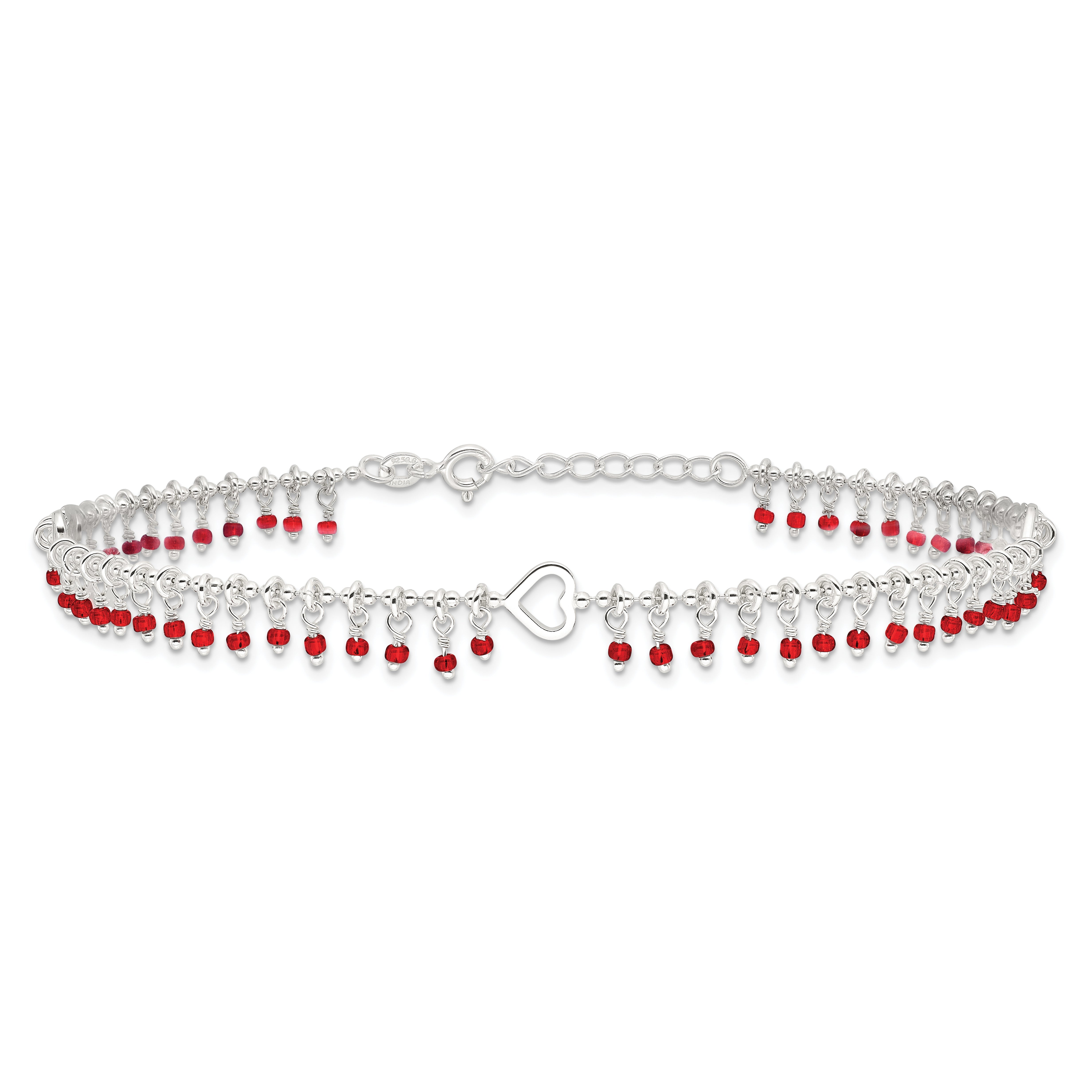 Sterling Silver Red Beads 10In Plus 1In Ext. Anklet