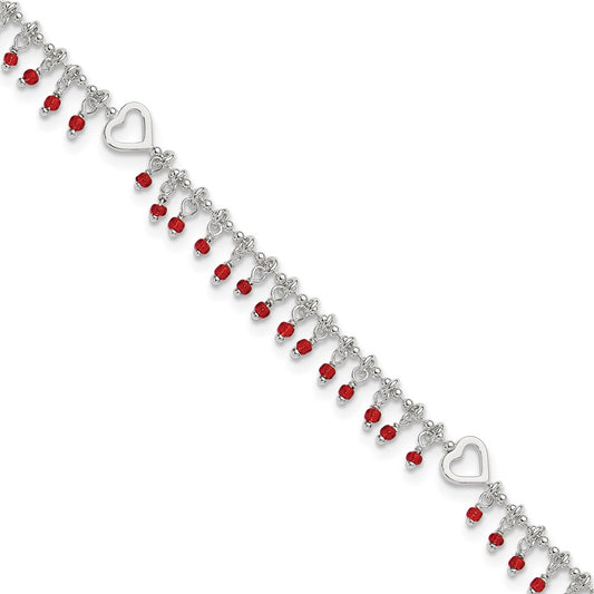Sterling Silver Red Beads 10In Plus 1In Ext. Anklet