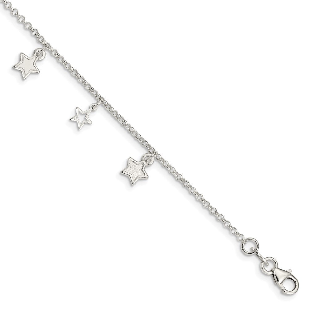 6 Inch Sterling Silver Polished & Textured Stars Children'S Bracelet