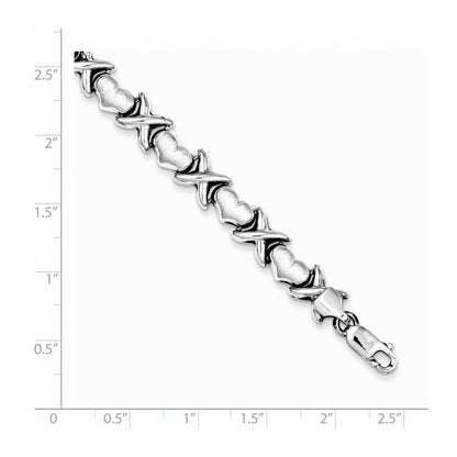 7.25 Inch Sterling Silver Rhodium Polished And Brushed X'S Hearts Bracelet