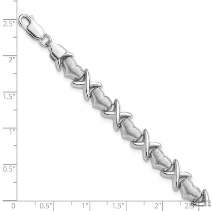 7.25 Inch Sterling Silver Rhodium Polished And Brushed X'S Hearts Bracelet