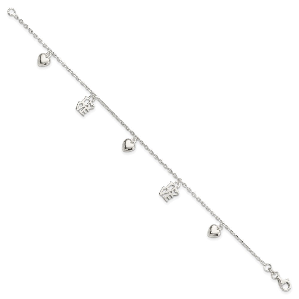 7.5 Inch Sterling Silver Heart And Love Charm Bracelet