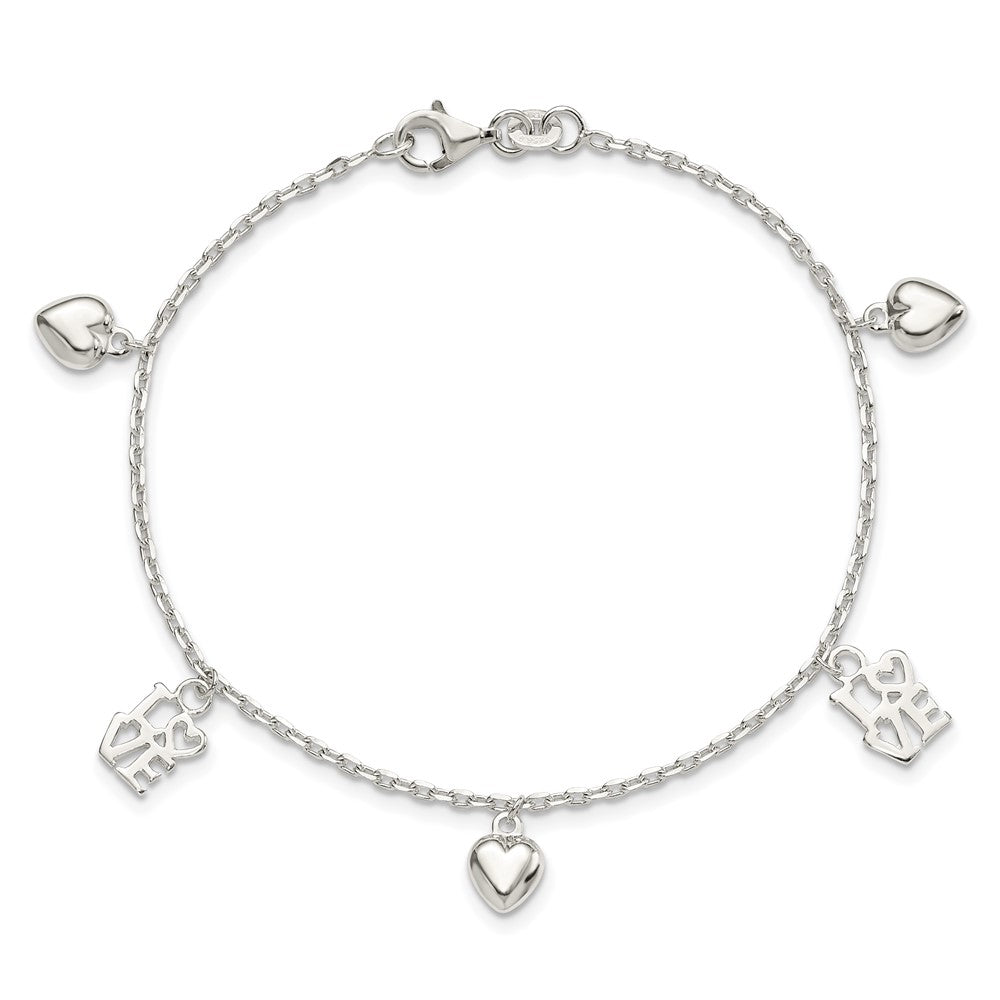 7.5 Inch Sterling Silver Heart And Love Charm Bracelet