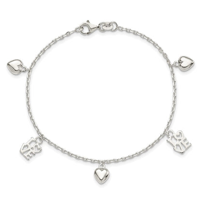 7.5 Inch Sterling Silver Heart And Love Charm Bracelet