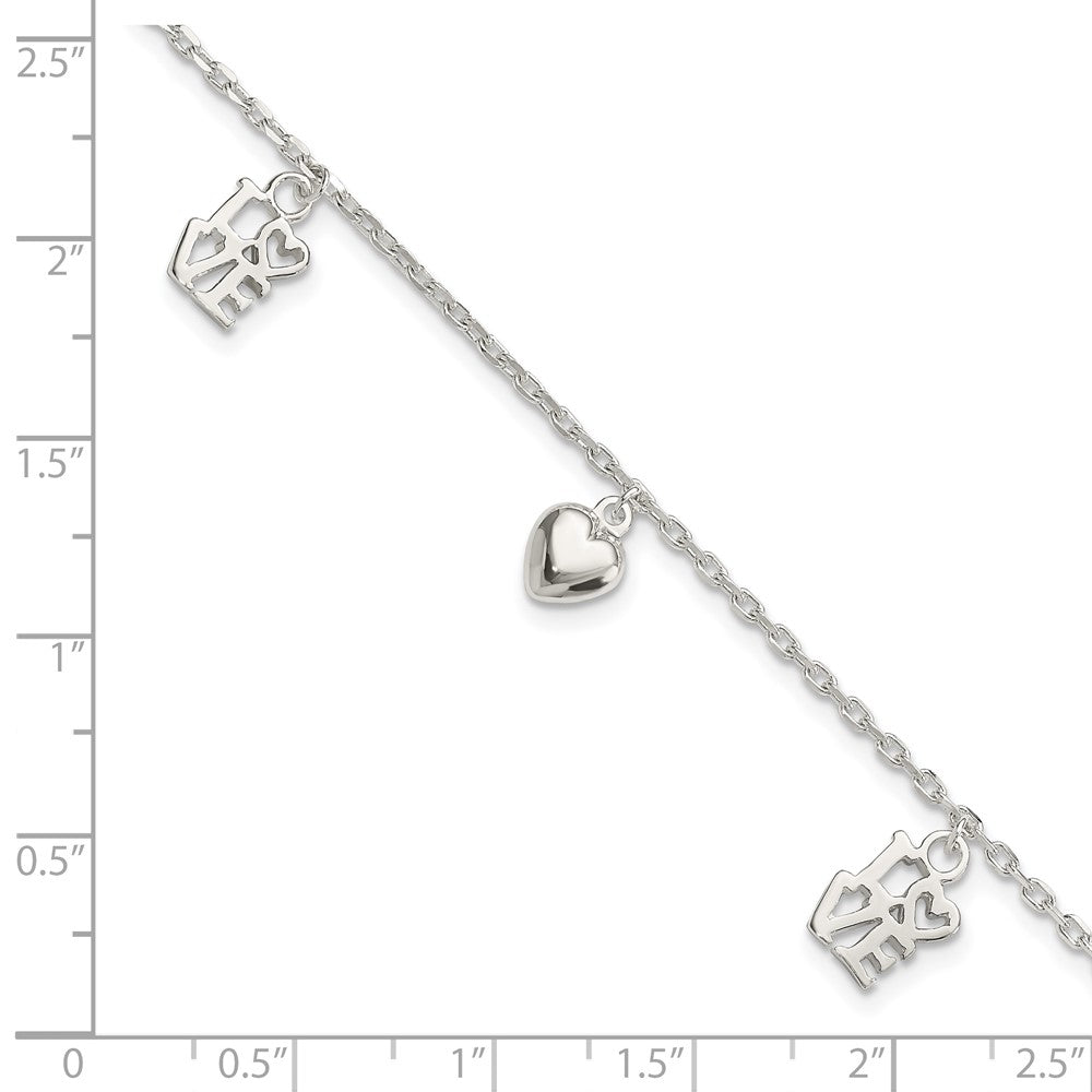 7.5 Inch Sterling Silver Heart And Love Charm Bracelet