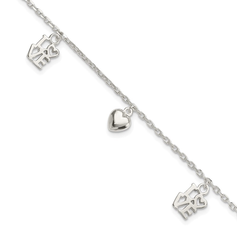 7.5 Inch Sterling Silver Heart And Love Charm Bracelet