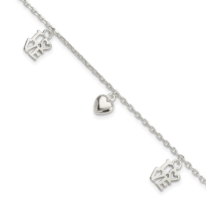 7.5 Inch Sterling Silver Heart And Love Charm Bracelet