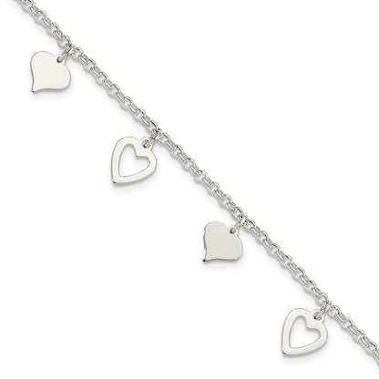 7.5 Inch Sterling Silver Polished Heart Bracelet