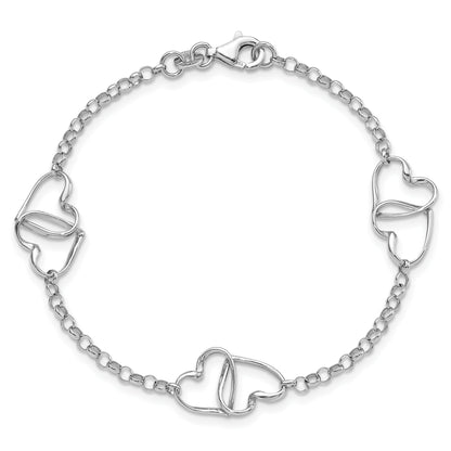 7.25 Inch Sterling Silver Rhodium Plated Heart Bracelet