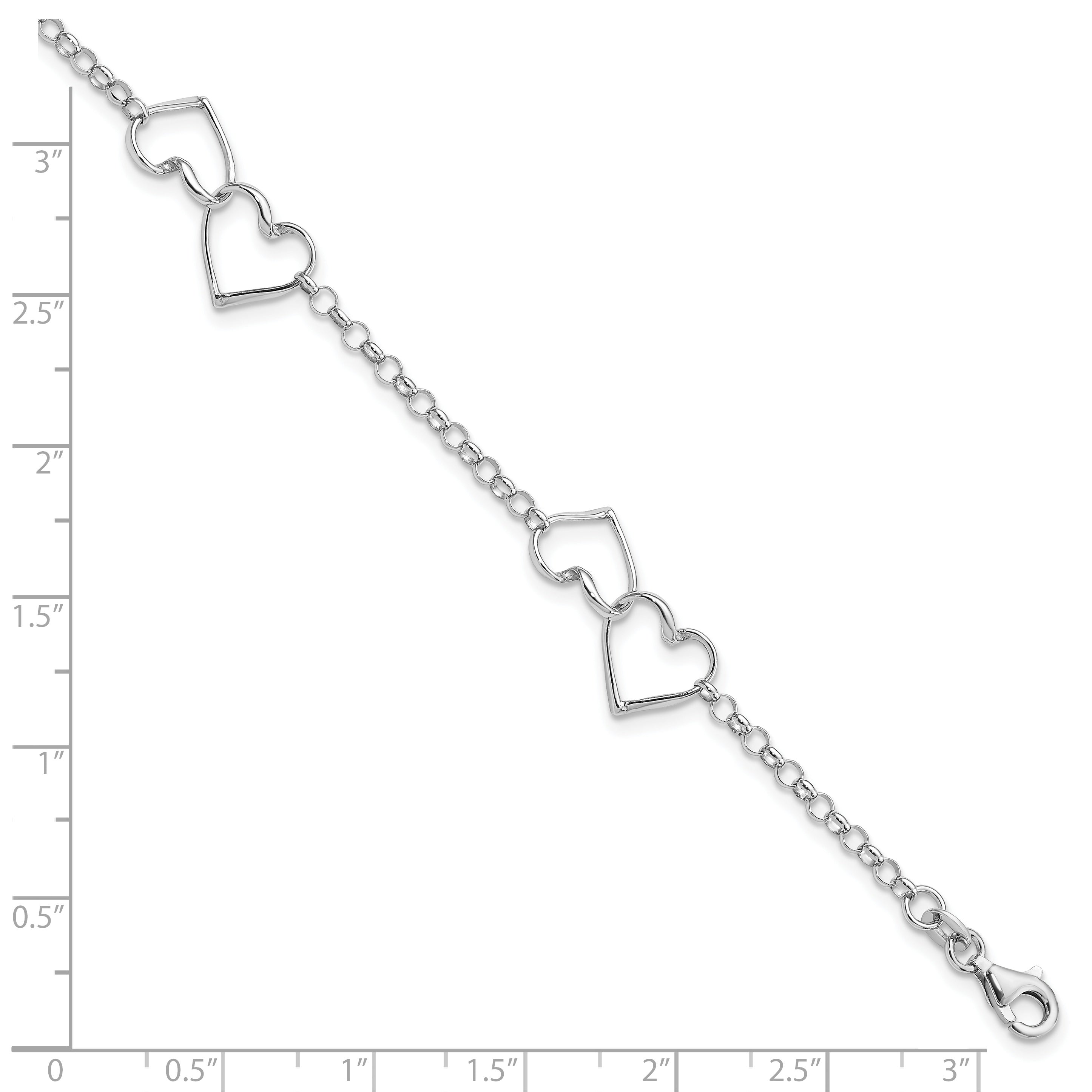 7.25 Inch Sterling Silver Rhodium Plated Heart Bracelet