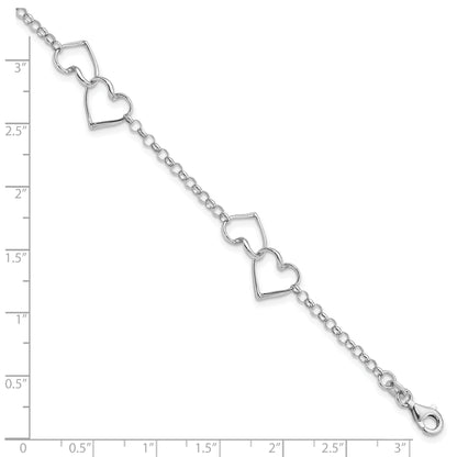 7.25 Inch Sterling Silver Rhodium Plated Heart Bracelet