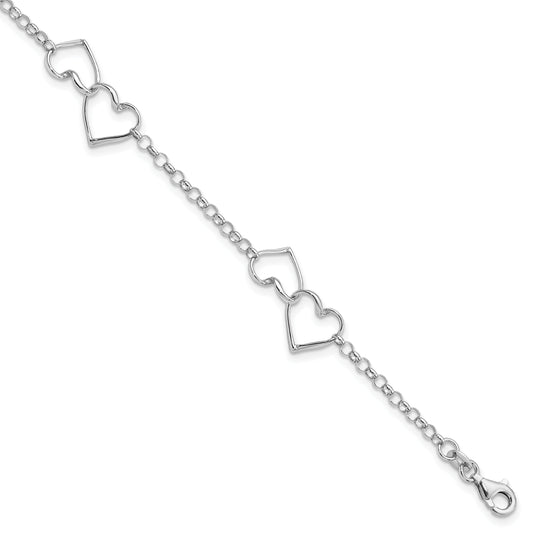 7.25 Inch Sterling Silver Rhodium Plated Heart Bracelet