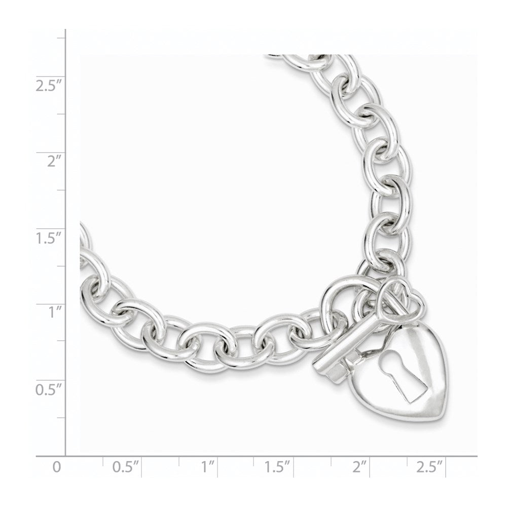 7.5 Inch Sterling Silver Polished Heart And Key Bracelet