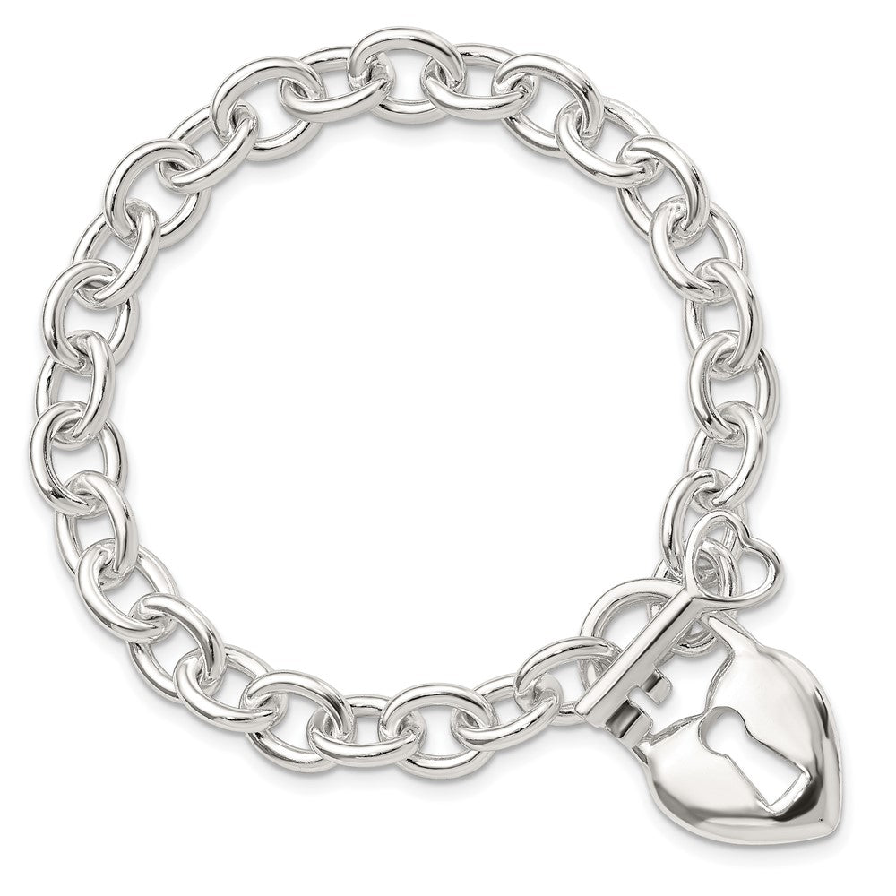 7.5 Inch Sterling Silver Polished Heart And Key Bracelet