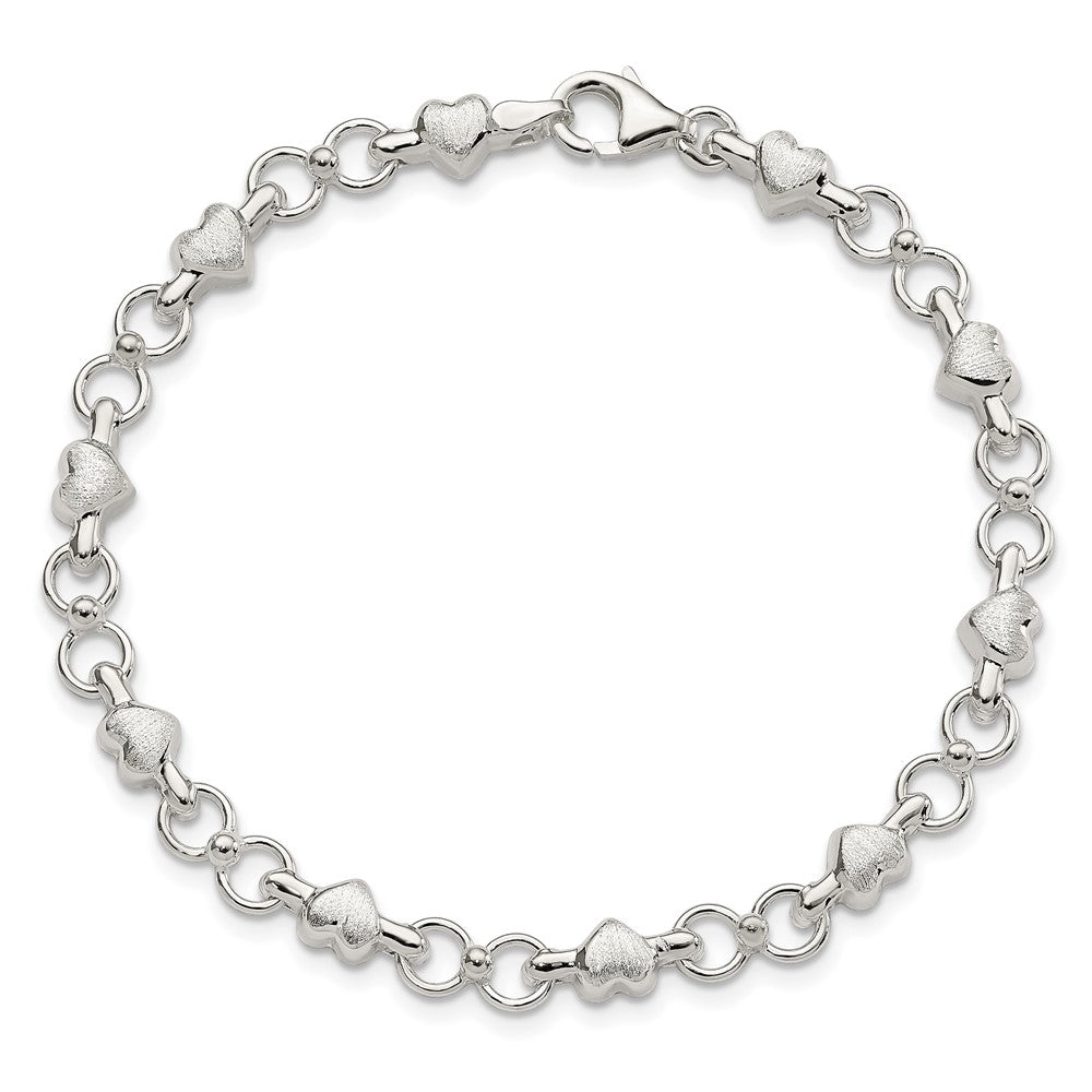 7.5 Inch Sterling Silver Polished And Brushed Hearts Circles Bracelet