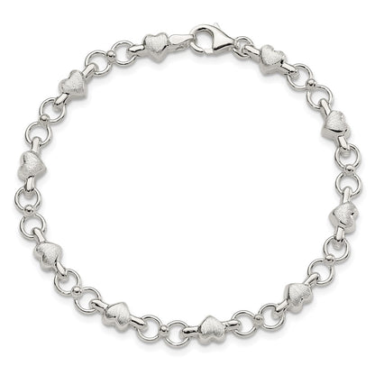 7.5 Inch Sterling Silver Polished And Brushed Hearts Circles Bracelet