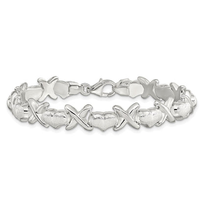 8 Inch Sterling Silver Polished And Satin X Hearts Bracelet