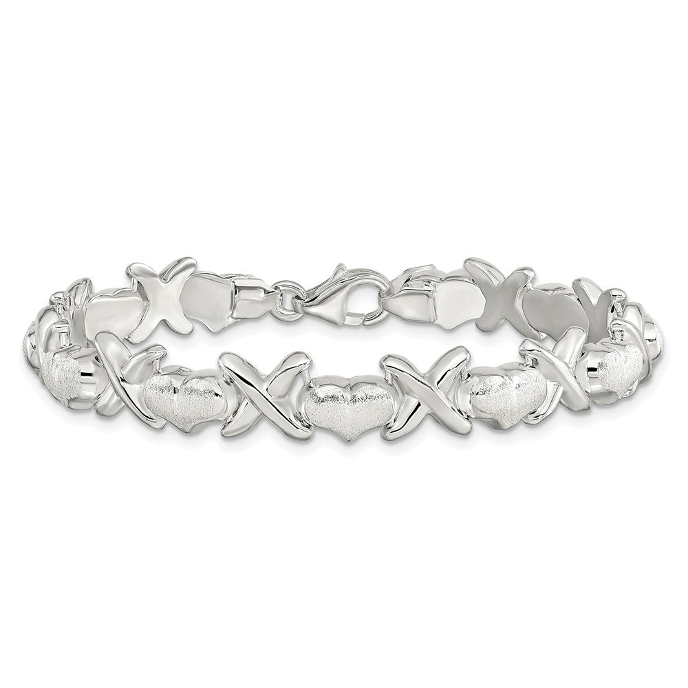8 Inch Sterling Silver Polished And Satin X Hearts Bracelet