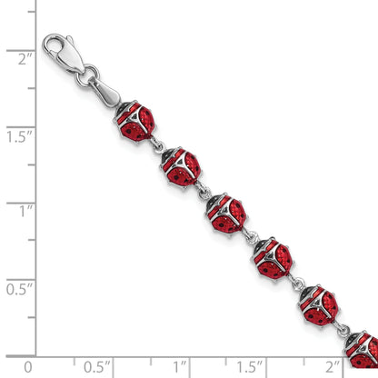 7 Inch Sterling Silver Rhodium Polished Enameled Lady Bug Bracelet