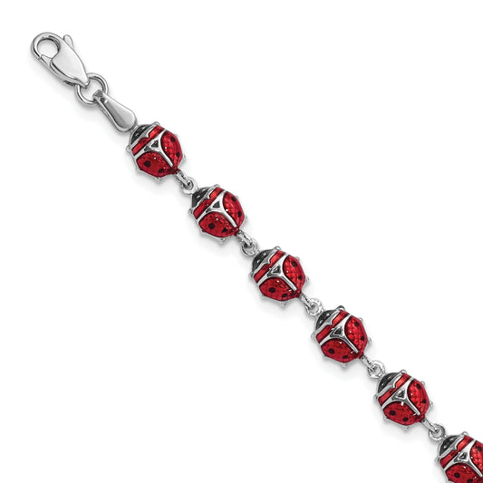 7 Inch Sterling Silver Rhodium Polished Enameled Lady Bug Bracelet