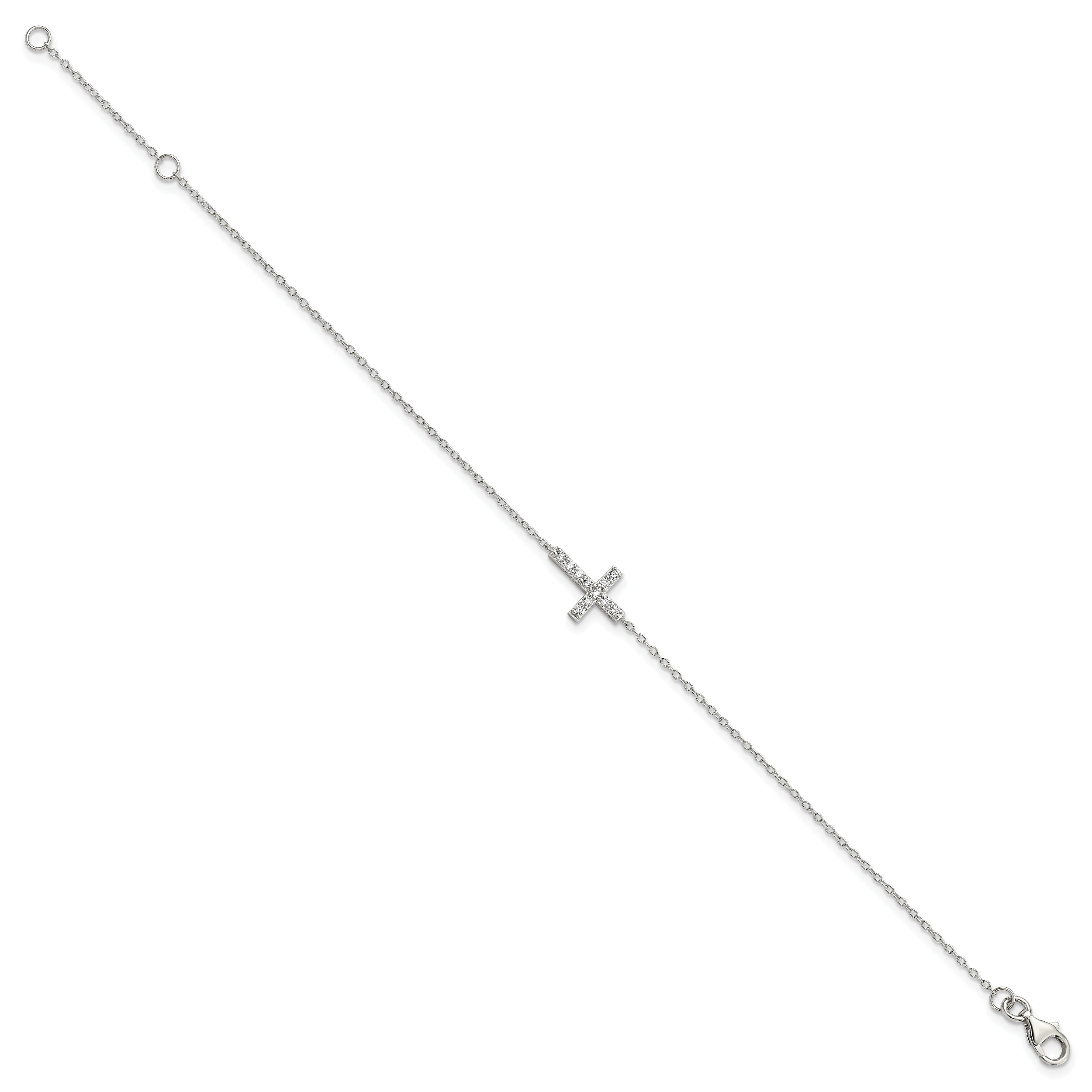 7 Inch Sterling Silver Rhodium-Plated Cz Sideways Cross W/1In Ext Bracelet