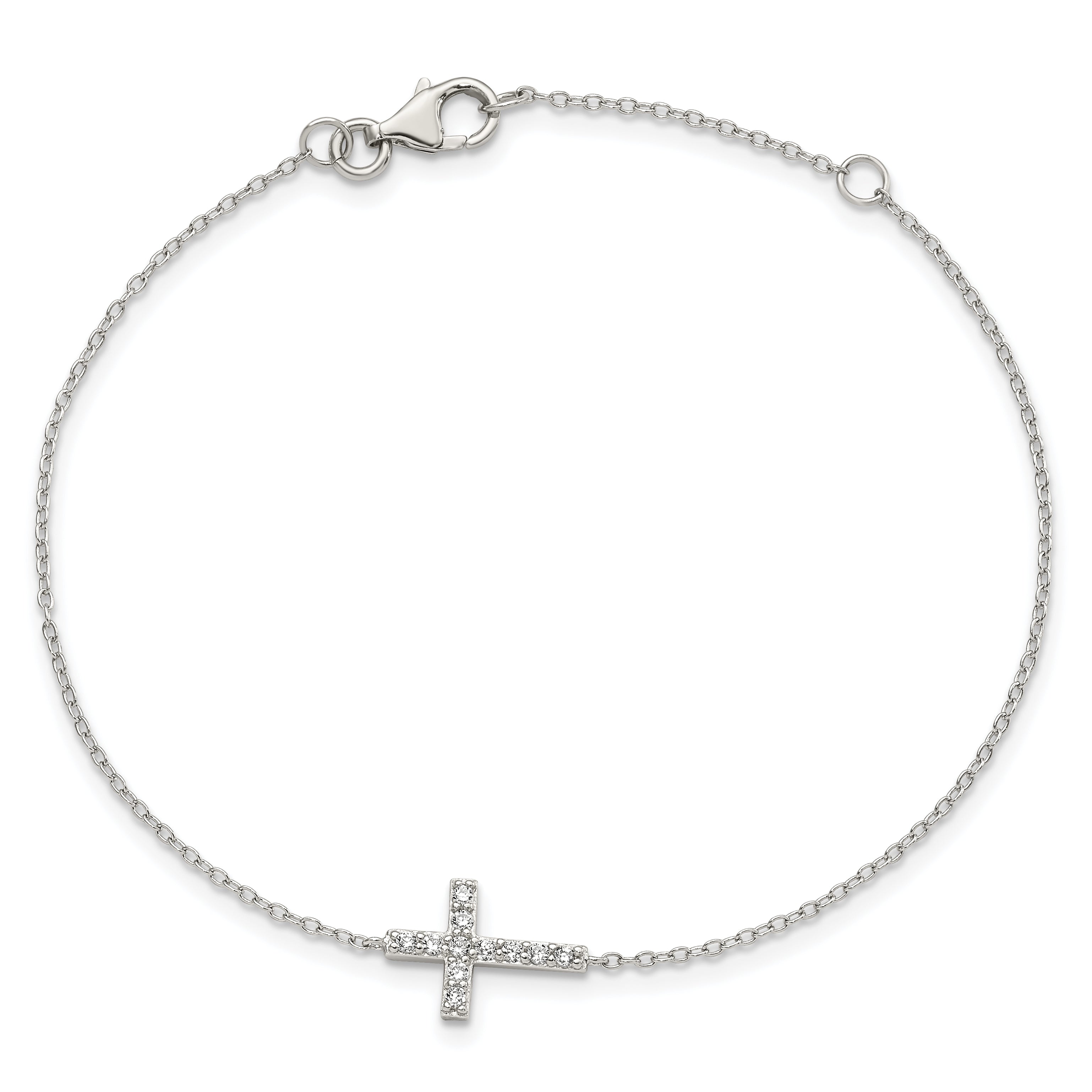 7 Inch Sterling Silver Rhodium-Plated Cz Sideways Cross W/1In Ext Bracelet