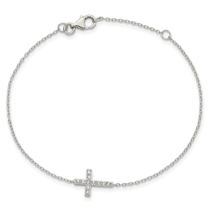 7 Inch Sterling Silver Rhodium-Plated Cz Sideways Cross W/1In Ext Bracelet