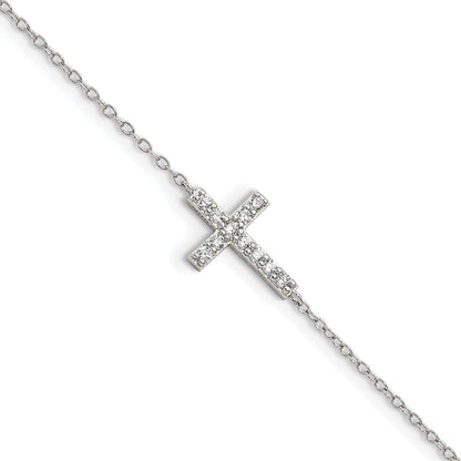 7 Inch Sterling Silver Rhodium-Plated Cz Sideways Cross W/1In Ext Bracelet