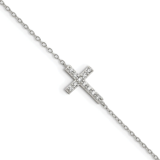 7 Inch Sterling Silver Rhodium-Plated Cz Sideways Cross W/1In Ext Bracelet