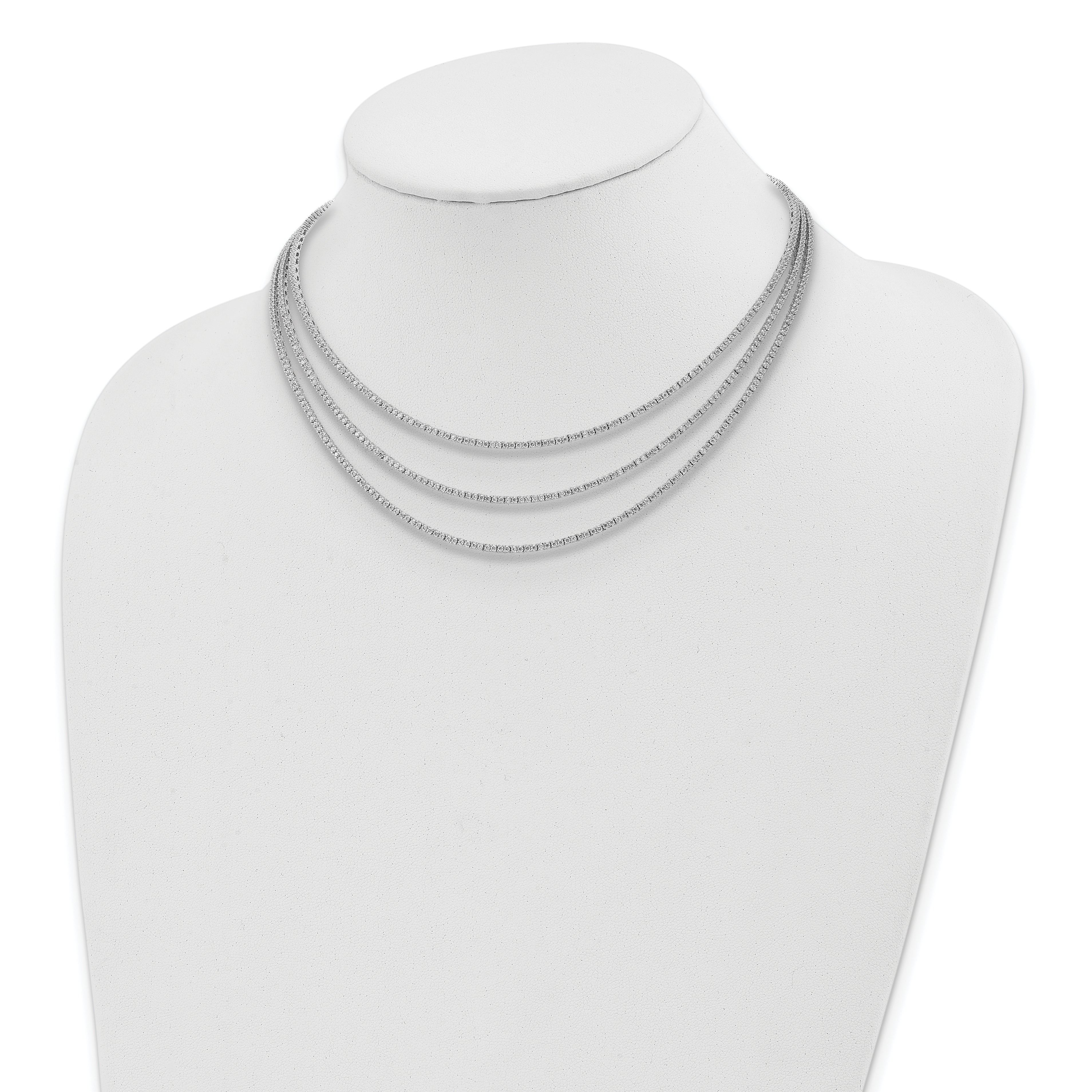 Sterling Silver Shimmer Rhodium Plated 16 Inch 732 Stone Cz 3 Strand Layer Necklace