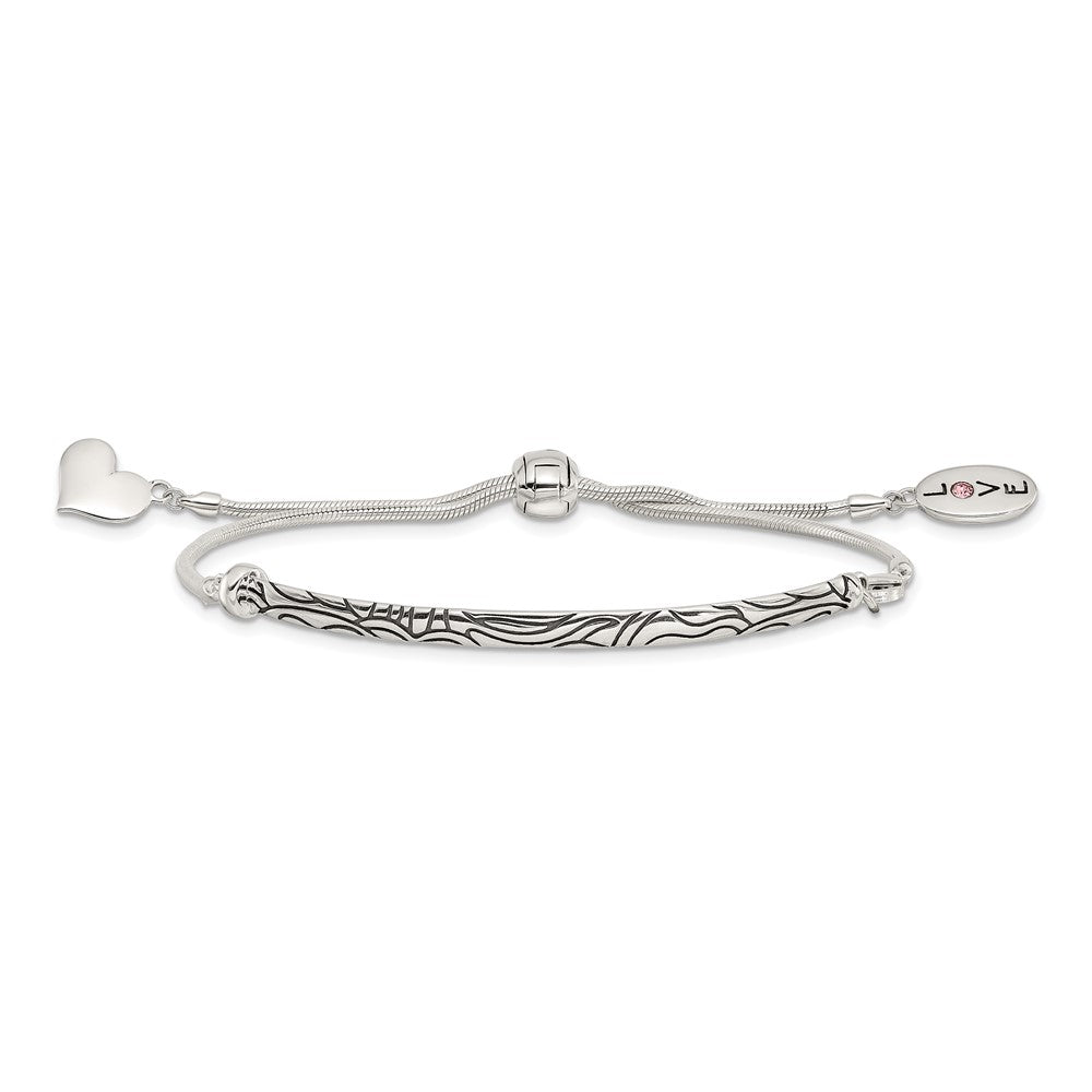 9 Inch Sterling Silver Antiqued Reflections Crystal Love Heart Adjust Bracelet
