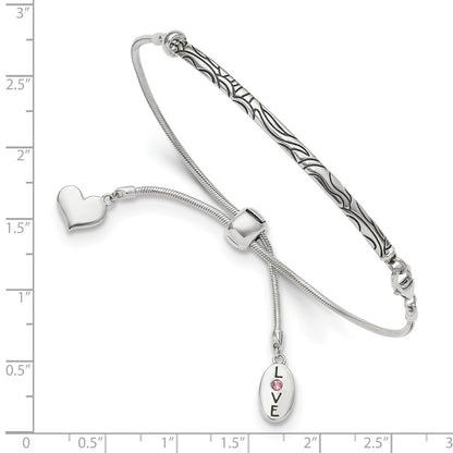 9 Inch Sterling Silver Antiqued Reflections Crystal Love Heart Adjust Bracelet