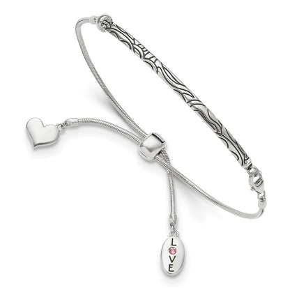 9 Inch Sterling Silver Antiqued Reflections Crystal Love Heart Adjust Bracelet