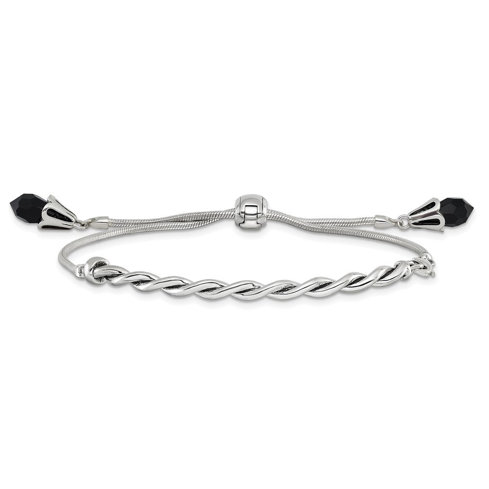 9 Inch Sterling Silver Antiqued Reflections Black Crystal Adjustable Bracelet