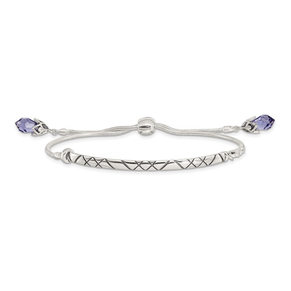 9 Inch Sterling Silver Antiqued Reflections Purple Crystal Adj. Bracelet