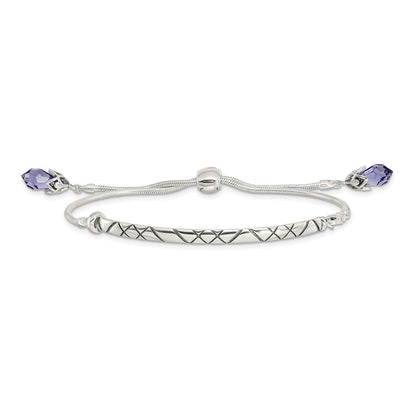 9 Inch Sterling Silver Antiqued Reflections Purple Crystal Adj. Bracelet