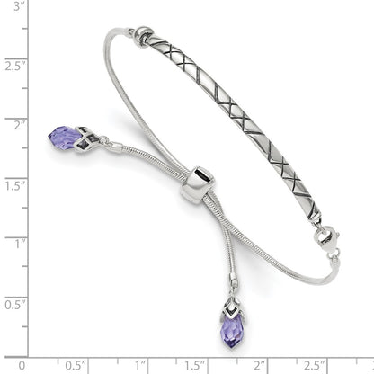 9 Inch Sterling Silver Antiqued Reflections Purple Crystal Adj. Bracelet