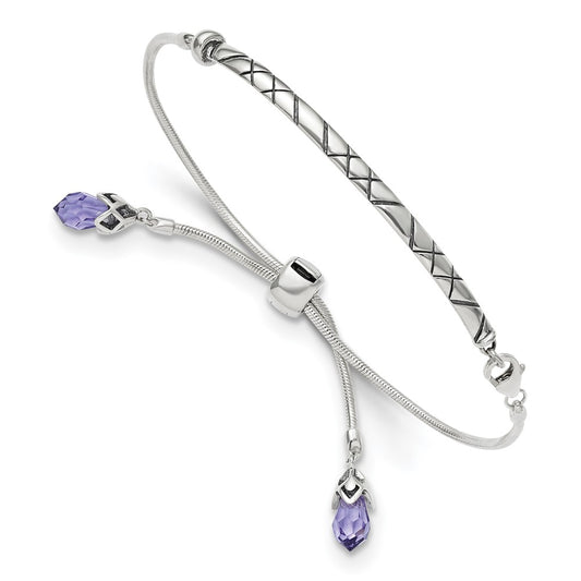 9 Inch Sterling Silver Antiqued Reflections Purple Crystal Adj. Bracelet